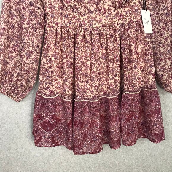 Japna Dress Small Pink Cream Paisley Wrap Flowy Puff Tie Belt Cottage Boho - Picture 5 of 15